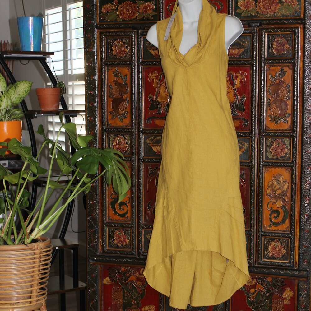 NEW* For Cynthia Linen Blend Cowl Neck Dress in Mustard Yellow